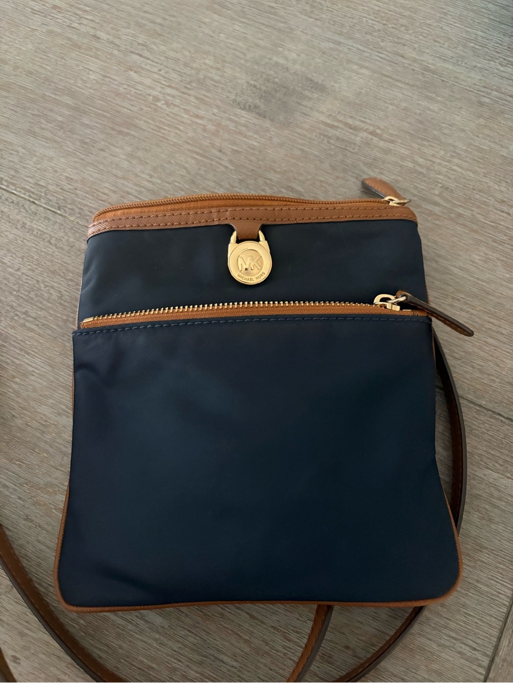 Michael Kors Navy and Brown Leather-Trim Crossbody